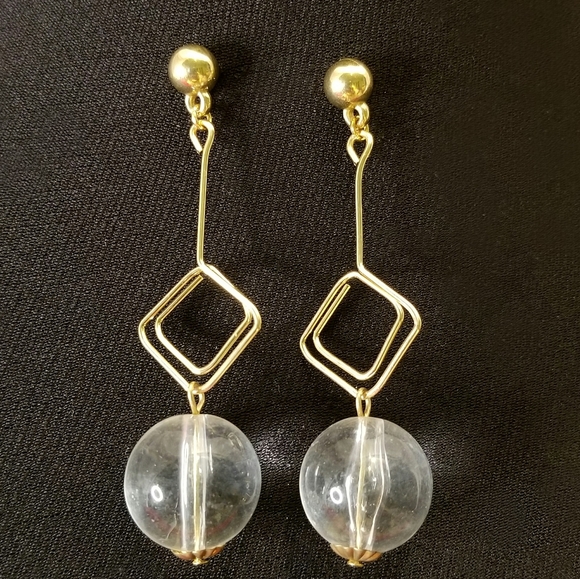 Lucite Ball Metal Square Spiral Drop Earrings - Picture 1 of 5